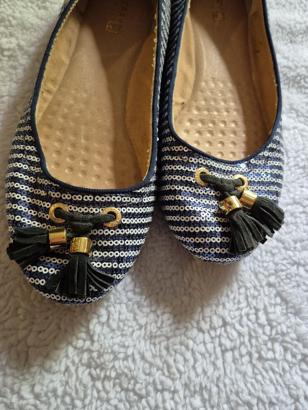 Speddy Slip-On Navy Sequin Ballet Flats with Tassel Detail - Picture 3 of 6